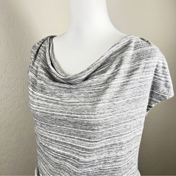 LOFT Gray Striped Cotton Tunic Top Cowl Neck Cap Sleeve Drawstring Waist Small - Picture 4 of 10